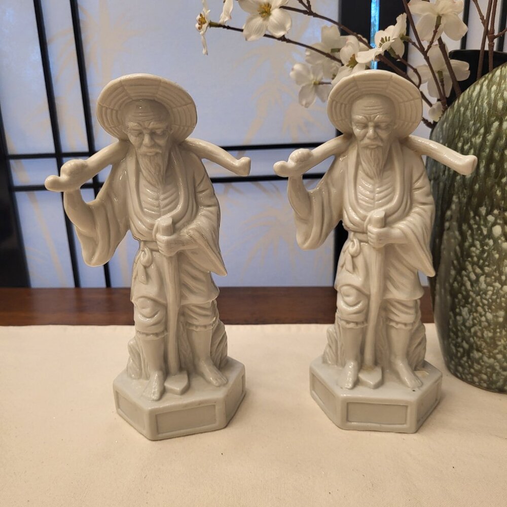 Set of 2 -70's Chinese White Porcelain Farmer with Hat Carrying Yoke Statue